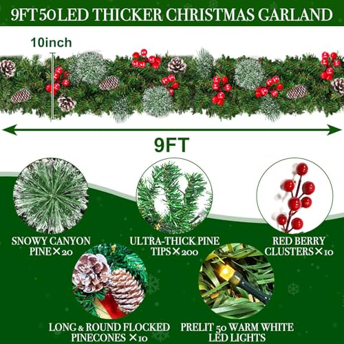 9 Foot by 10 Inch Christmas Garland - 50 LED Lights, Battery Operated Lighted Garland Wreath with Pine Cones Red Berries Lush Branches, Prelit Garland Xmas Decoration Indoor Outdoor Home Holiday by iGeeKid - Image 2