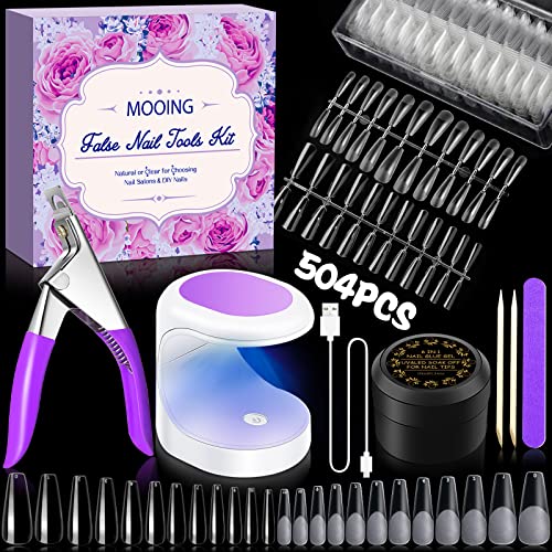 MOOING Capsule Americaine Ongle Kit, 504 Pcs Américaines Faux Ongles, 11Tailles Kit Pose Americaine Ongles,Pose Americaine Ongle Complet Avec Mini Lampe à Ongles UV, Gel Nail Extension Kit