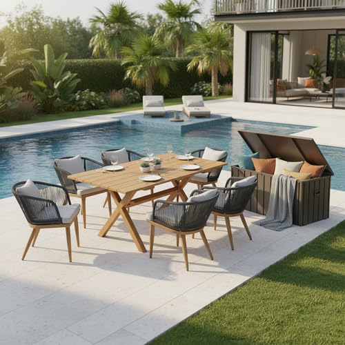 Image of PURPLE LEAF 7 Pieces Patio Dining Set with Storage Box Wicker Teak-Finish Outdoor Furniture Rectangular Table and Chairs Set for Garden Deck Backyard Kitchen, Cushions and Pillows Included
