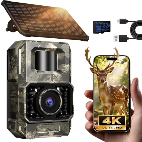 MAXDONE Solar WiFi Trail Camera Bluetooth Game Camera, 4K 64MP Wildlife Cameras 2000mAh Built-in Battery Rechargeable Power Hunting Cameras with Night Vision Trail Cam Bluetooth Wi-Fi Deer Cams