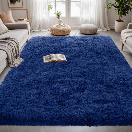 Alfombra salón moderna abstracta 40x140 azul oscuro pelo largo 7