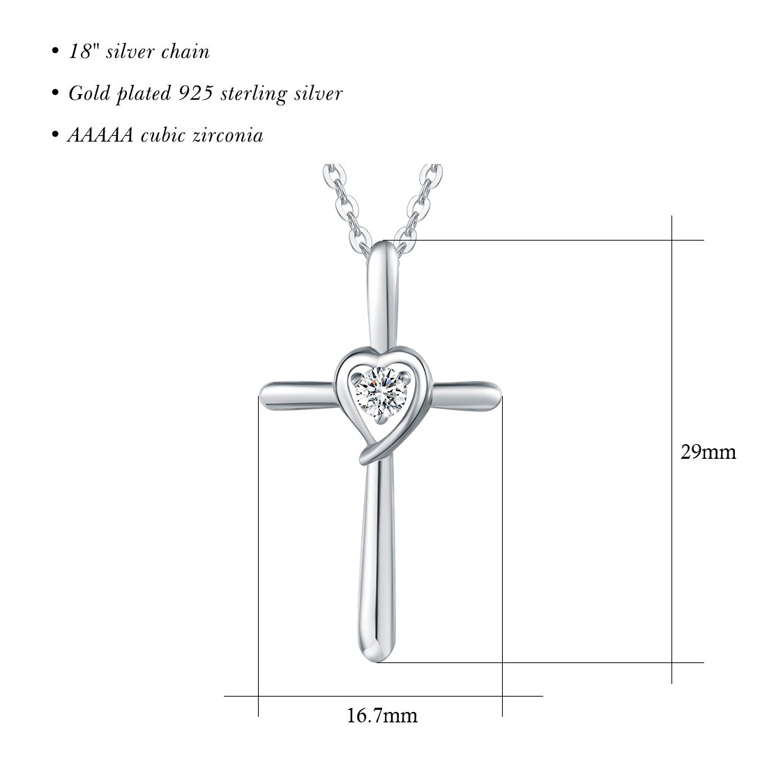 Collar con Colgante de Cruz Cristiana Corazón para Mujer de Plata de Ley 925 y Piedras Preciosas Zirconia - Longitud Cadena: 40 + 5 cm
