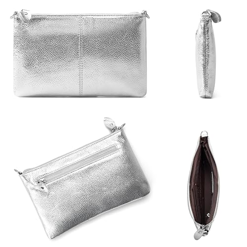 befen Silver Women's Genuine Leather Wristlet Clutch Crossbody Phone Bags Wallet Purses and Handbags for Women with RFID Card Slots, Fit Phone 15 Pro Max