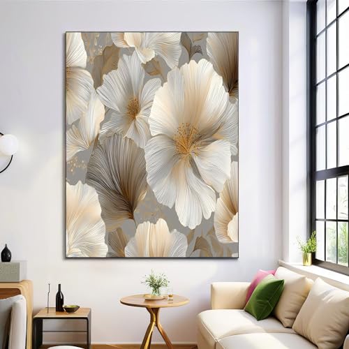 Arte de pared de plantas pintado a mano, lienzo floral exclusivo gris carbón de 70x100cm