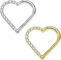 Piercing de Titânio Coração Cravejado de Zircônias Fecho Click 8mm ou 10mm, Prateado ou Dourado