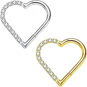 Piercing de Titânio Coração Cravejado de Zircônias Fecho Click 8mm ou 10mm, Prateado ou Dourado