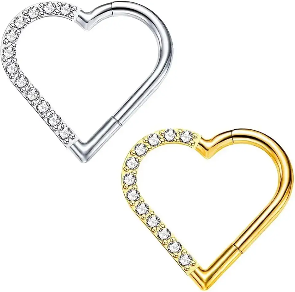 Piercing de Titânio Coração Cravejado de Zircônias Fecho Click 8mm ou 10mm, Prateado ou Dourado