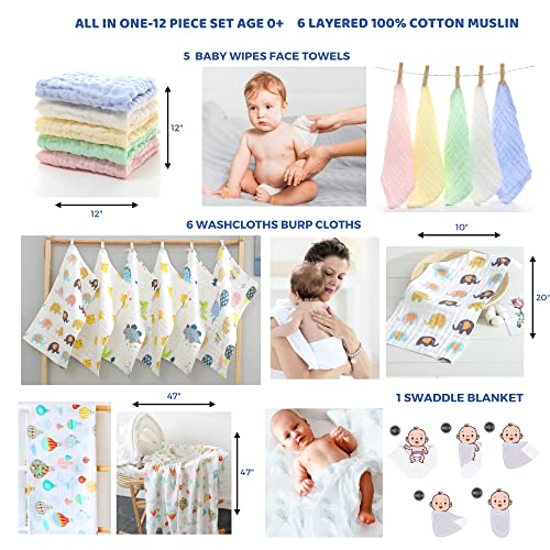 Image of Muslin Baby Washcloths Burp Cloths Swaddle Blanket Gift Set 12 Pack Newborn Essentials Must Haves for Baby Face Body Comfy and Soft for Newborn Infants Kids Girls and Boys