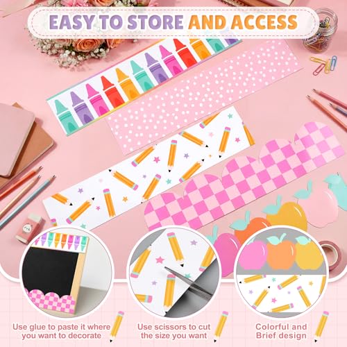 Image of 60 Pcs 69 ft Pastel Bulletin Board Borders Back to School Classroom Decor Pencil Dot Apple Crayon Die-Cut Border Trims for School Teacher Classroom Blackboard Decoration