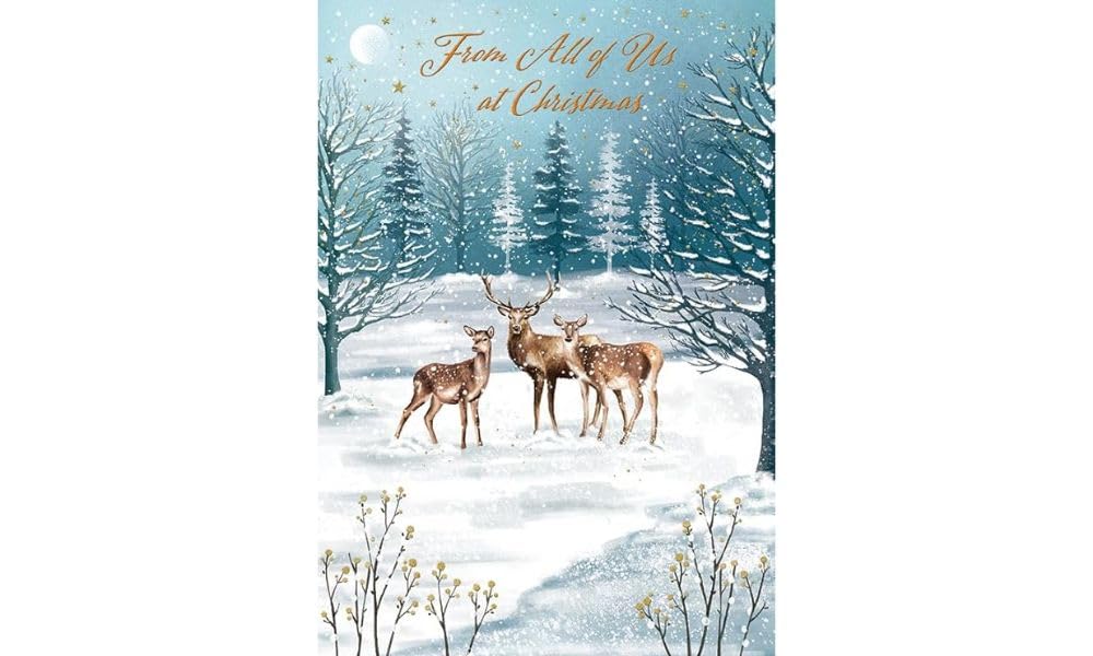 Piccadilly Greetings Traditional Christmas Card, From All of Us, Deer family - 9 x 6 inches