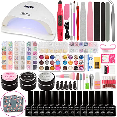 Magicmoon Gel Nail Polish Kit, Gel Nail Polish Kit with U V Light 80W LED Nail Lamp Electric Manicure Handle All in One Kit, No Wipe Base Top Coat, Nail Primer, Nail Art Decorations for Home DIY