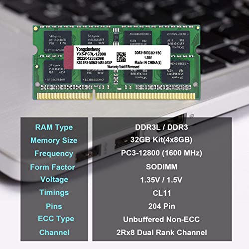 DDR3 / DDR3L 32GB Kit (8GBx4) Laptop RAM 1600MHz PC3L/PC3-12800 SODIMM Non-ECC Unbuffered 1.35V/1.5V 2Rx8 Dual Rank 204 Pin CL11 Notebook Computer Memory Upgrade Module(Green) - Image 3