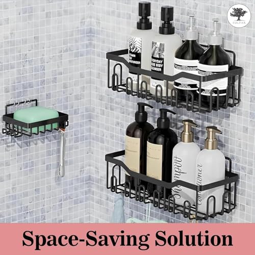Image of Self Adhesive Bathroom Shelf Combo Pack of 3 | No Drill Rust Proof Metal Bathroom Organizer Set | Wall Mounted Storage Shelves with Soap Holder | Multipurpose Rack for Bathroom, Kitchen