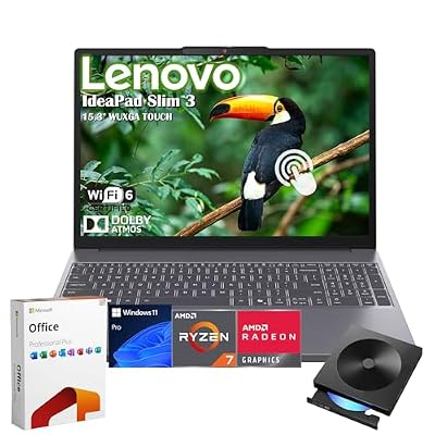 Lenovo IdeaPad Slim 3 Laptop 15.3" 2K WUXGA IPS Touchscreen, Lifetime MS Office, AMD Ryzen 7 170, 24GB RAM, 1TB SSD, Radeon 680M Graphics, w/External DVD Drive, Win 11Pro, for Business/Student, Grey