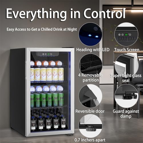 Image of DOGHLY 3.2 Cu.ft Beverage Refrigerator Cooler, 126 Can Mini Fridge with Glass Reversible Door, Digital Temperature Display for Soda, Beer or Wine For Office Bar with Adjustable Removable Shelves