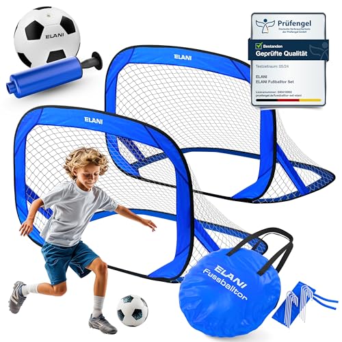 ELANI Fußballtor Kinder Pop-Up 2er Set - faltbar mit Ball & Pumpe, 50% Kleiner + Easy Aufbau, mini Fussballtor klein, Goal, Fussballtore für Garten Kinder, Fußballtore, Fussball Tor, Fußbal (Blau)