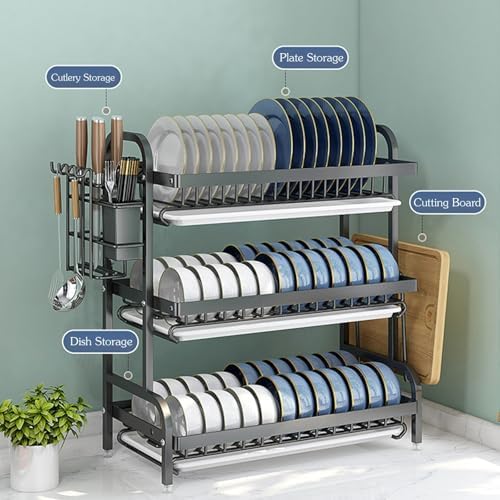 Dish Drying Rack, 2 Tier Space-Saving Dish Rack, Detachable Large Capacity Dish Drainer Organizer with Drain Tray, Utensil, Cup Holder Rustproof Carbon Steel(Black-2 Tier,L)