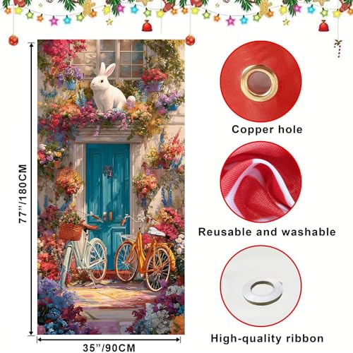 Image of Easter Door Cover Artistic Bunny Floral Banner Spring Front Door Decorations Oil Painting Style Outside Party Home Decor 35.4x71 Inch
