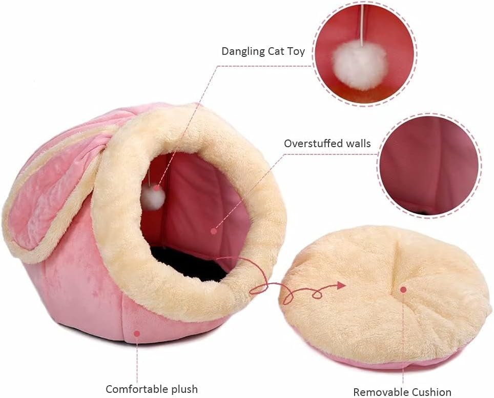 Cat Beds for Indoor Cats - Small Dog Bed with Anti-Slip Bottom, Rabbit-Shaped Cat/Small Dog Cave with Hanging Toy, Puppy Bed with Removable Cotton Pad, Super Soft Calming Pet Sofa Bed (Pink Medium)