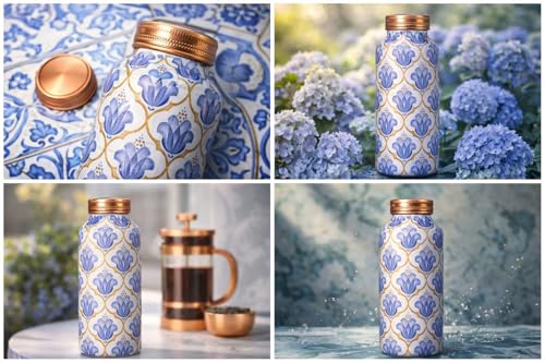 Image of Copper Water beutiful blue and white floral Print Design Leakproof Ayurvedic Drinking Bottle for Home Office Gym Travel Pure Copper Bottle for Health Benefits