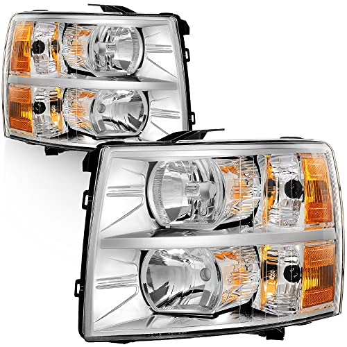 AUTOSAVER88 Headlight Assembly Compatible with 2007-2014 Chevy Silverado Replacement Headlamp Driving Light Chromed Housing Amber Reflector Clear Lens
