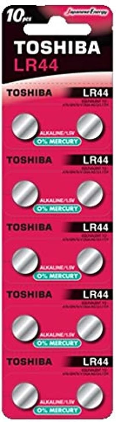 TOSHIBA LR44 AG13 1.5V Alkaline battery (0% Mercury) Equivalent to: A76, GPA76, V13GA, AG13, L1154 Pack of 10 Batteries