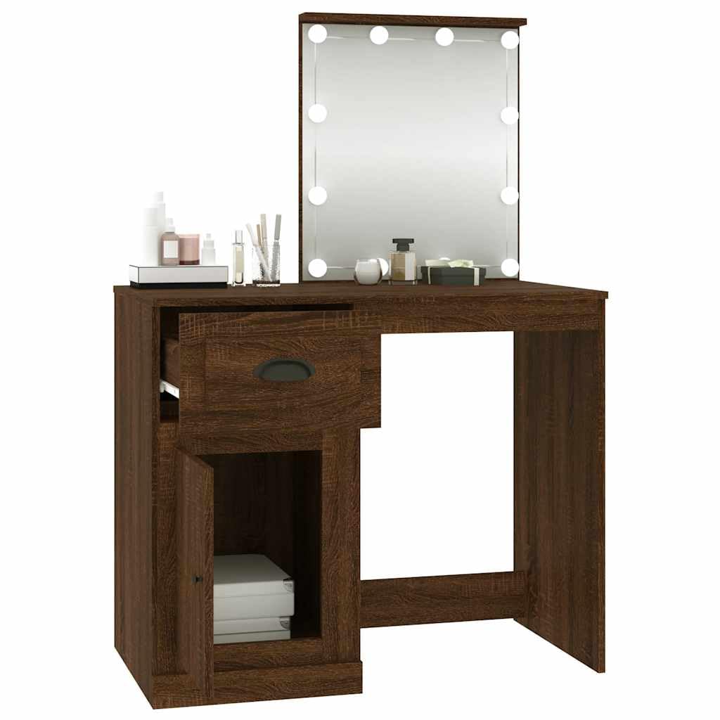 Tocador con LED marrón roble 90 x 50 x 132,5 cm con espejo, cajón y taburete, iluminación LED, espacio de almacenamiento y estante para dormitorio, vestidor, niña