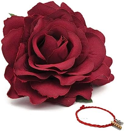 HOLY KT Handmade Bride Women Rose Flower Wreath Dark Red Velvet Rose Hair Flower Clip and Pin Rose Flower Hair Clip Flamenco Dancer Pin Up Flower Brooch (Deep Red(3.9in)) one size