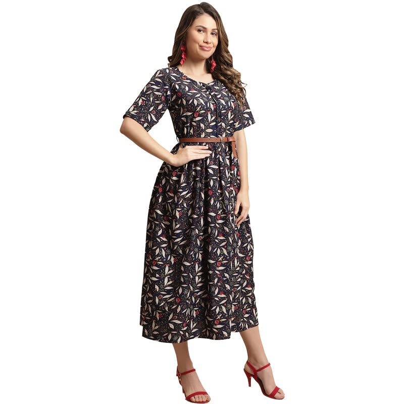 Preneum Women's Georgette Floral Printed 3/4 Slevees A-Line Fit & Flare Gown With Beltindo-Western Ethnic Gown || A-Line Maxi Dress Casual Wear || Fit & Flare Flared Hem Design, Jet Black, L