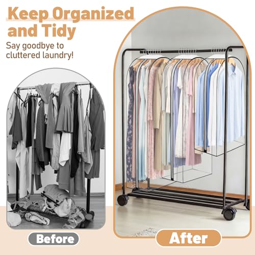 Locmeo 6 Pack Garment Bags for Hanging Clothes, 40\"/50\"/60\" Clear Suit Bags for Open Closet, 10\" Gusseted Waterproof Dustproof Plastic Clothes Storage Closet, Dress, Coat, Travel, Moving Organization - Thumbnail 5