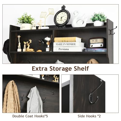 4ever2buy Hall Tree with Shoe Storage, 5-in-1 Entryway Bench with Storage Coat Rack, Entryway Hall Tree with Bench and Adjustable Shelf, Brown