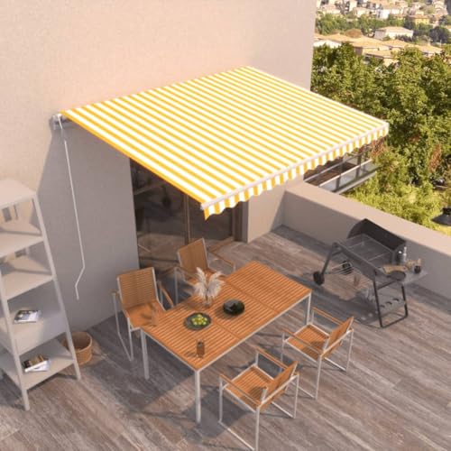 IKAYAA Elektrische Gelenkarmmarkise 400 x 350 cm Markise Automatisch Sonnenmarkise, Sonnenschutz, Terrassenmarkise, Klemmmarkise, Gelb und weiß