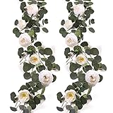 JUSTOYOU 2pcs Artificial Eucalyptus Garland with Flower, 8 Head Peony Flowers Vines, Green Floral Ga