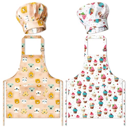 GROBRO7 4Pcs Kids Apron and Chef Hat Set Gift for Girls Boys, Cupcake Animal Prints Adjustable Kitchen Cooking Child Aprons with 2 Pockets Waterproof Smocks for Baking Painting Crafting by GROBRO7 - Used condition - US$11.44