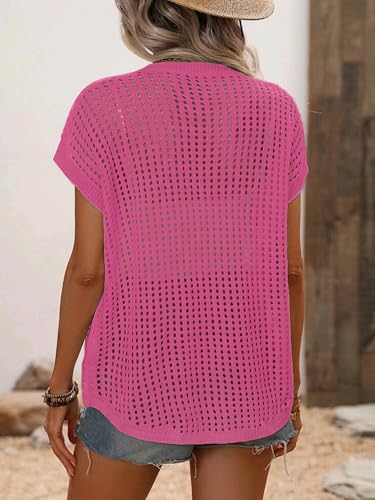 Image of Crochet Tops for Women Spring Summer Shirts Cute Mesh Top Cap Sleeve Cover Up Pullover Sweater Beach Vacation Clothes