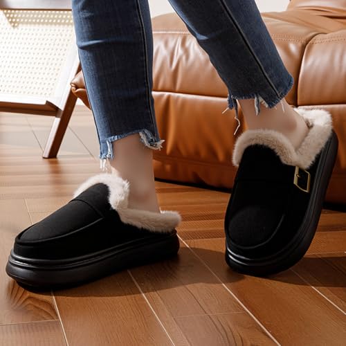 Women's Fuzzy Platform Slippers with Adjustable Buckle, Non-Slip Sole Cozy Comfy Warm Faux Fleece Lined Winter Shoes Indoor Outdoor Slip On Memory Foam Fuzzy House Slippers Plush Slides2