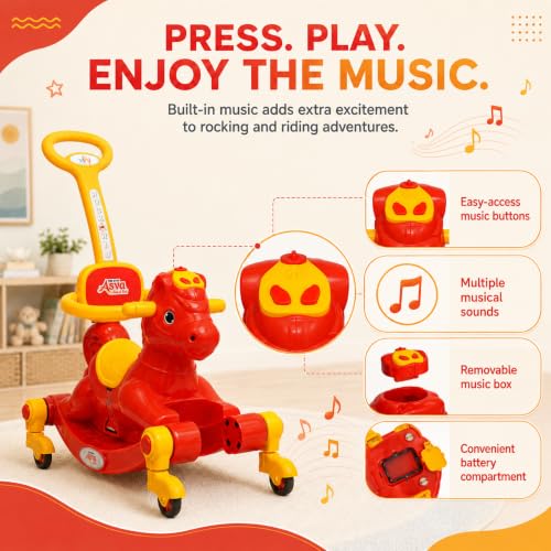 Image of 3 in 1 Baby Horse Rider for Kids 1-5 Years with Parent Handle, Rocking Horse, Ride On Toy, 360 Safety Guard, Music, Swivel Wheels, Backrest, Baby Ride On for Boys & Girls (Red)