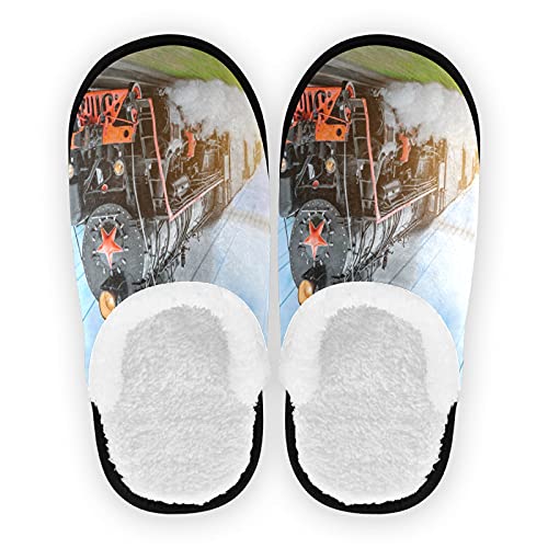 HMZXZ Vintage Black Steam Train Slippers for Women Men Kids, Womens House Slippers Socks Indoor Slipper Coral Fleece House Shoes Bedroom