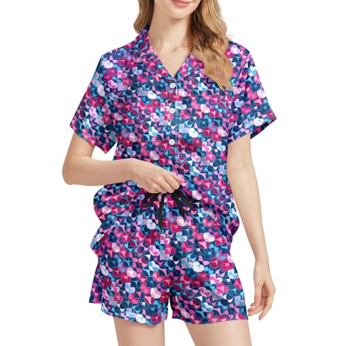 Image of Funny Pajamas for Women Set Print Satin Loungewear Pjs Short Sleeve Button Down Top and Shorts Sets Sleepwear XS-3XL