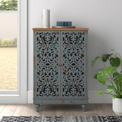 WoodArrow Decorative Storage Cabinet, 120 x 80 x 35 cm, Vintage Blue Carved Door Design, Living Room Accent Cabinet with Shelves (Dark Blue)