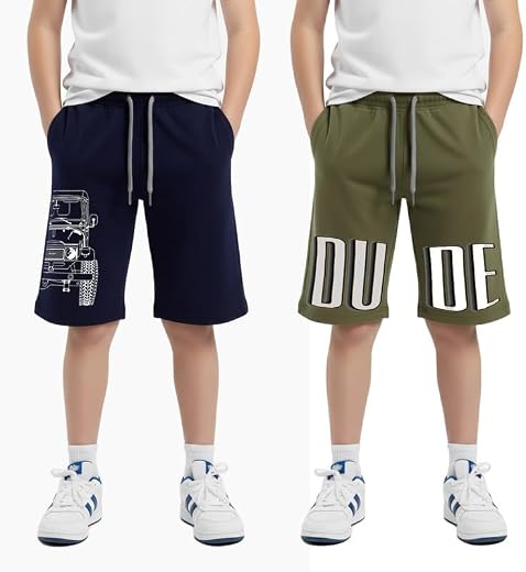 hotfits Boy's Cotton Knee Length Graphic Casual Shorts with Pocket -Pack of 2