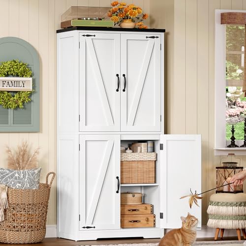 TEENFON Alacena de Cocina, Armario de Cocina con 4 Puertas de Granero, Armario Alto con 2 Estantes Fijos & 1 Estantes Ajustables, para Comedor, Sala de Estar, Baño - 60 x 30 x 148 cm - Blanco