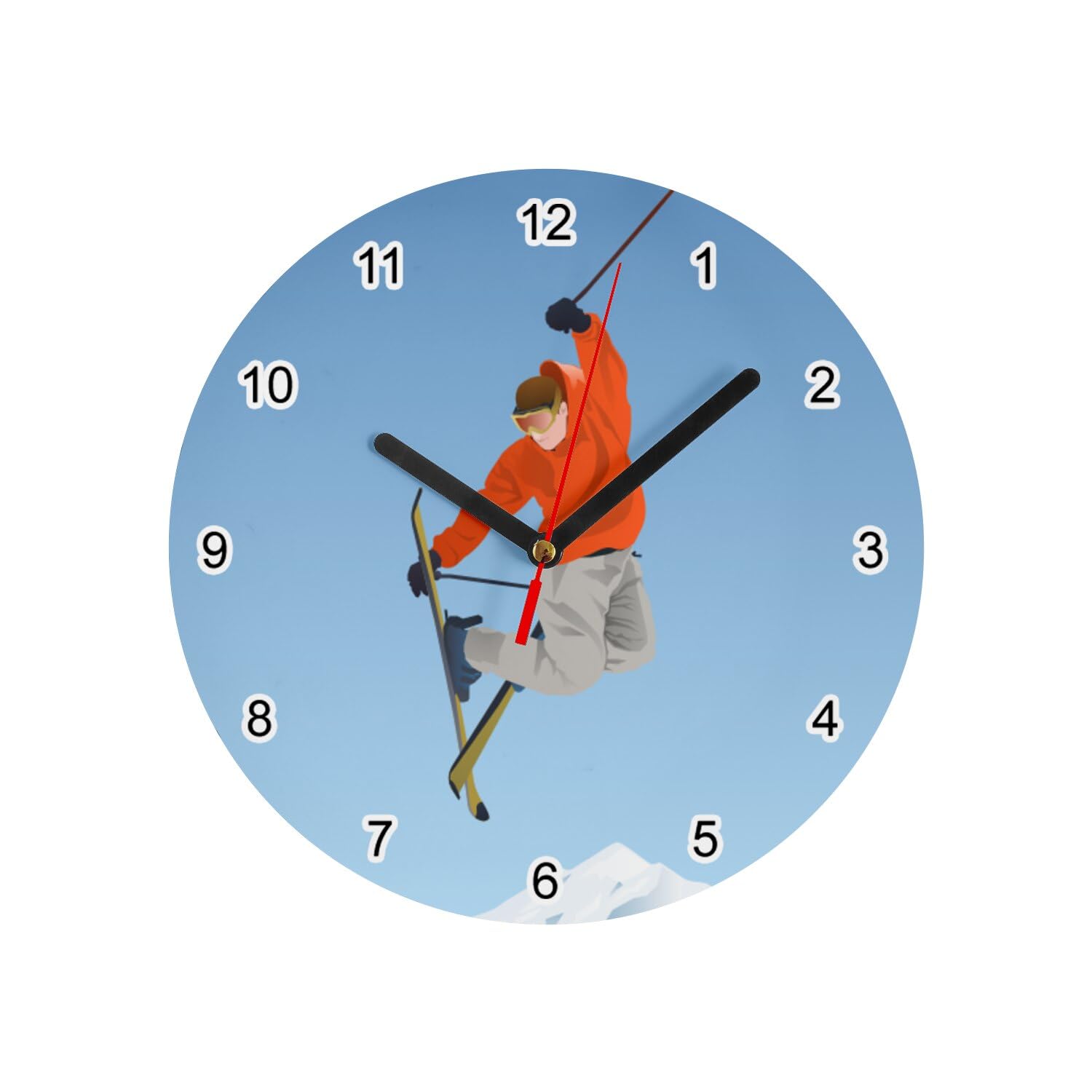 Horloge ski acrobatique en verre blanc pour salon de chalet