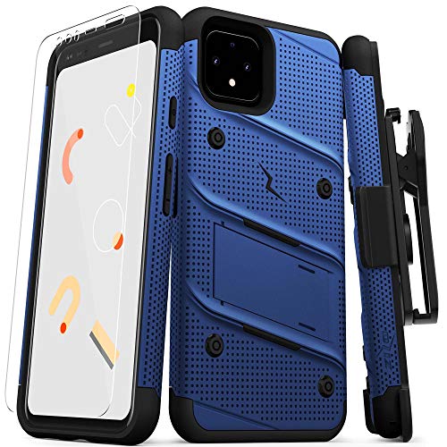 ZIZO Bolt Series Google Pixel 4 Case | Heavy-Duty Military-Grade Drop Protection w/Kickstand Included Belt Clip Holster Tempered Glass Lanyard (Blue/Black)