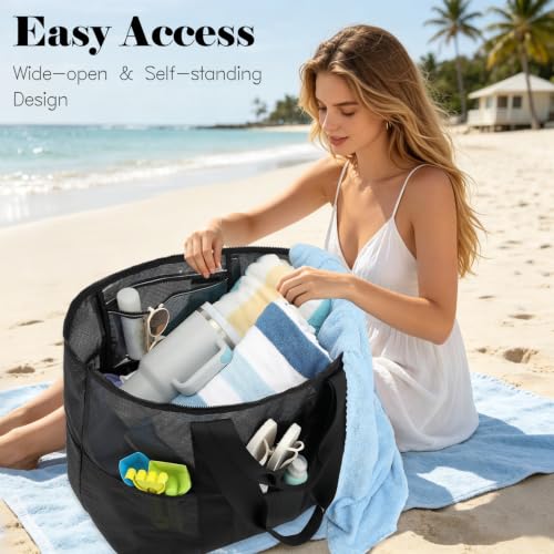 Image of Fammart Large Mesh Beach Bag for Women, Oversized Beach tote Swim Pool Bag