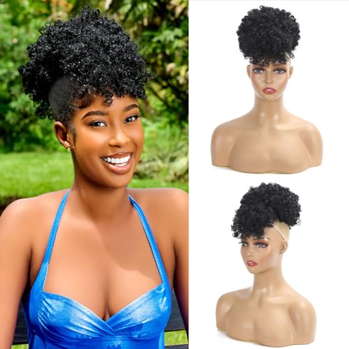 CECINILL Afro Puff Drawstring Ponytail with Bangs ponytail extension for black women Short Curly Clip in Wrap Updo Hairpiece(1#)