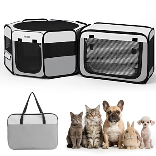 2-in-1 Portable Cat Playpen [48 * 26 * 26in] Large Pet Playpen with Detachable Litter Box Enclosure Playpen Pop-Up Indoor/Outdoor Puppy Kennel for Cats/Small Dogs/Rabbits Foldable with Carry Bag