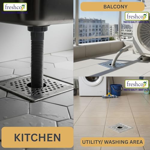 Image of Freshco Luxury 5x5 Floor Drain Jali - Emerald Design (with Hole) - for Washing Machine Pipe - Premium SS 304 (1.5mm) - Frame & Grating Only (No Trap)