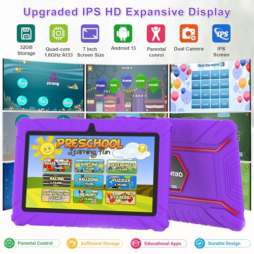 Image of Contixo Kids Tablet Bundle, 7 inch Learning Tablet with Headphones, Purple | 7 inch IPS display, 32GB storage, parental controls, wired headphones, durable case, learning apps, ages 3-12.