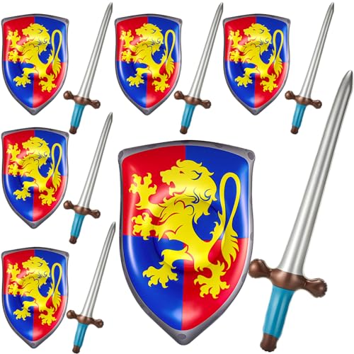 Poen 12 Pcs Inflatable Sword and Shield Knight Party Favors Set Blow up Medieval Sword Shield for Prince Party Favors Decorations Cosplay Accessories (Lion)